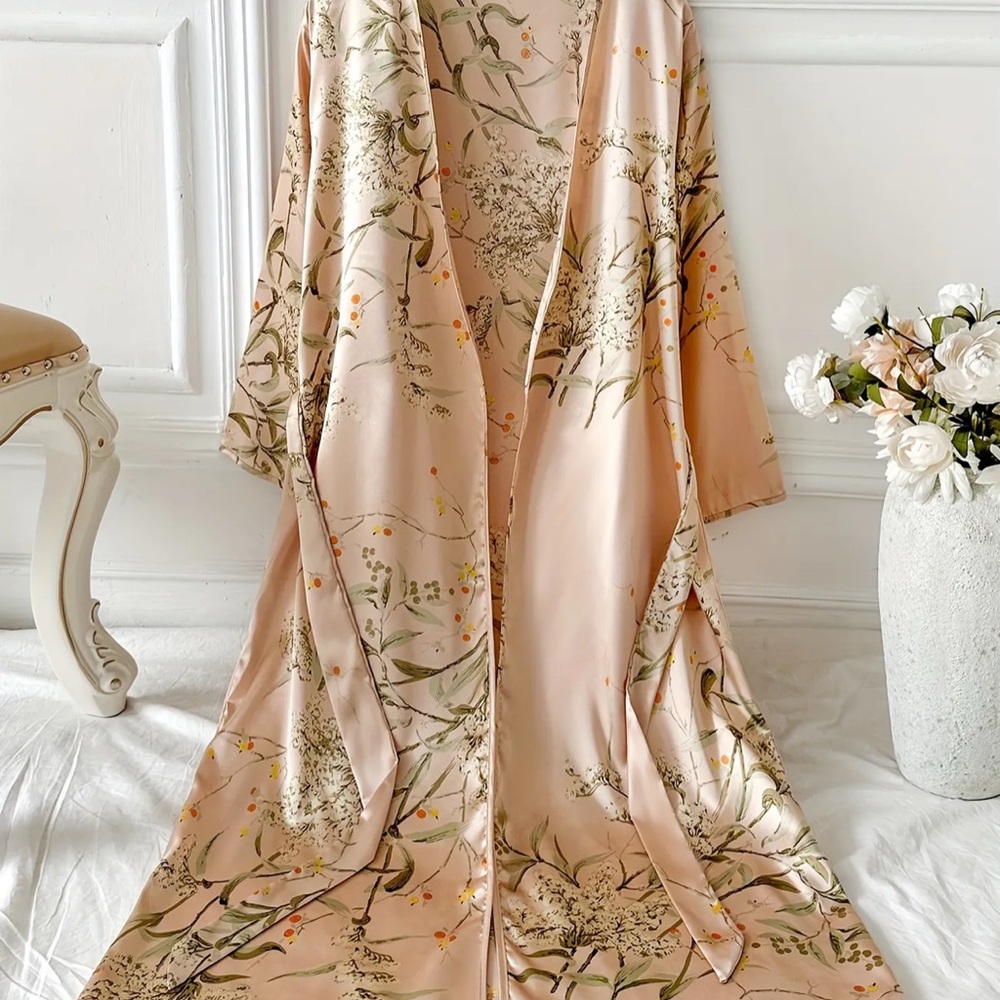 Cream Floral Embroidered Satin Robe - Picture 3 of 3